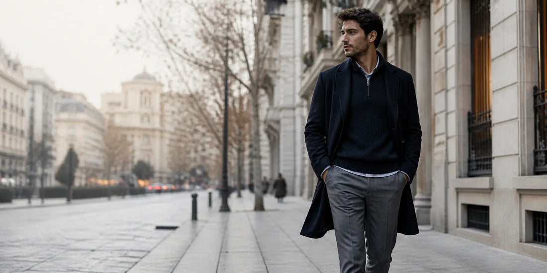 hombre vestido en invierno con estilo elegante y armario reducido look urbano fácil de combinar para vestir bien sin esfuerzo