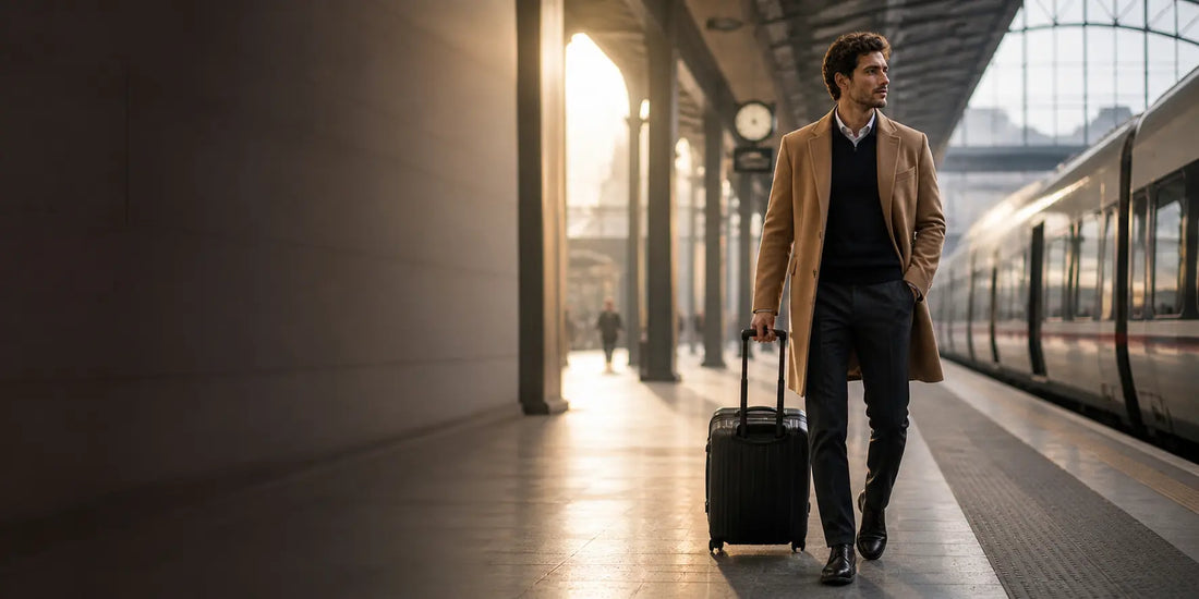 hombre elegante viajando en aeropuerto con abrigo camel y maleta estilo urbano sofisticado para viajar con estilo sin renunciar a la comodidad