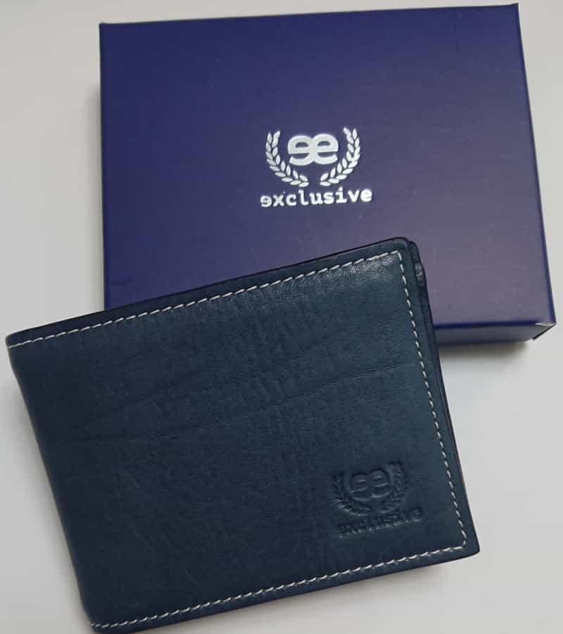 Cartera azul marino EE Exclusive con caja de presentación, accesorio elegante y funcional para hombre