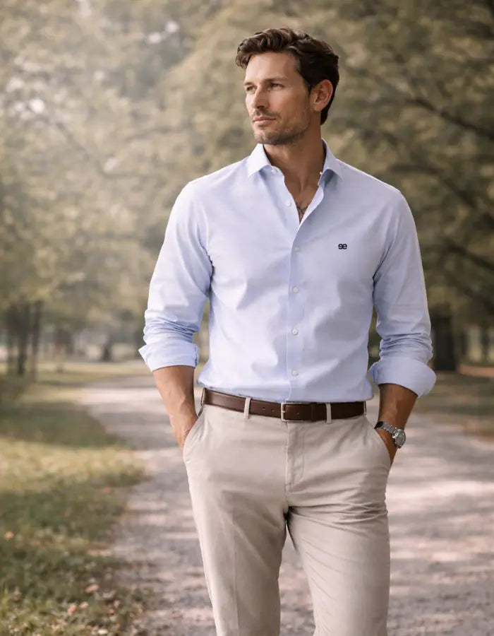 hombre con camisa azul clara elegante en parque estilo urbano sofisticado