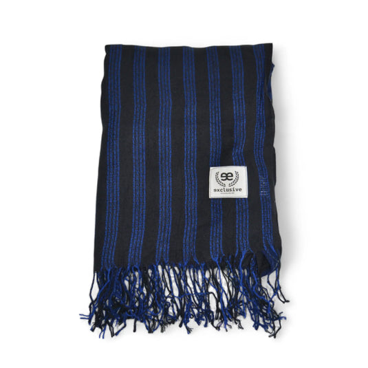 Bufanda Riotorto de rayas en azul y negro con flecos – EE Exclusive