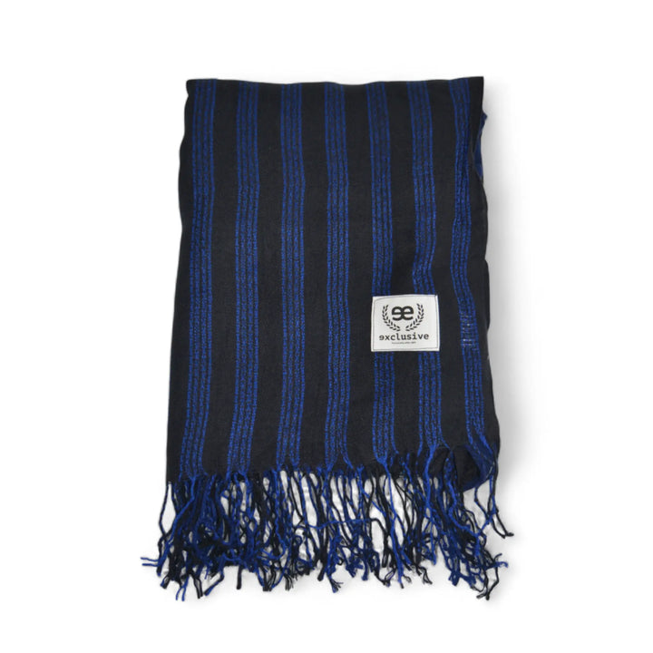Bufanda Riotorto de rayas en azul y negro con flecos – EE Exclusive