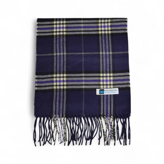 Bufanda Tallo de cuadros morados con flecos, vista frontal