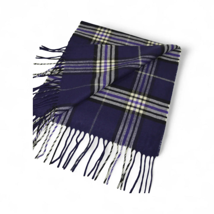 Bufanda Tallo doblada con flecos y diseño de cuadros morados