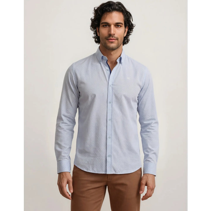 Camisa Pakal azul estampada para hombre con cuello clásico y diseño elegante EE Exclusive