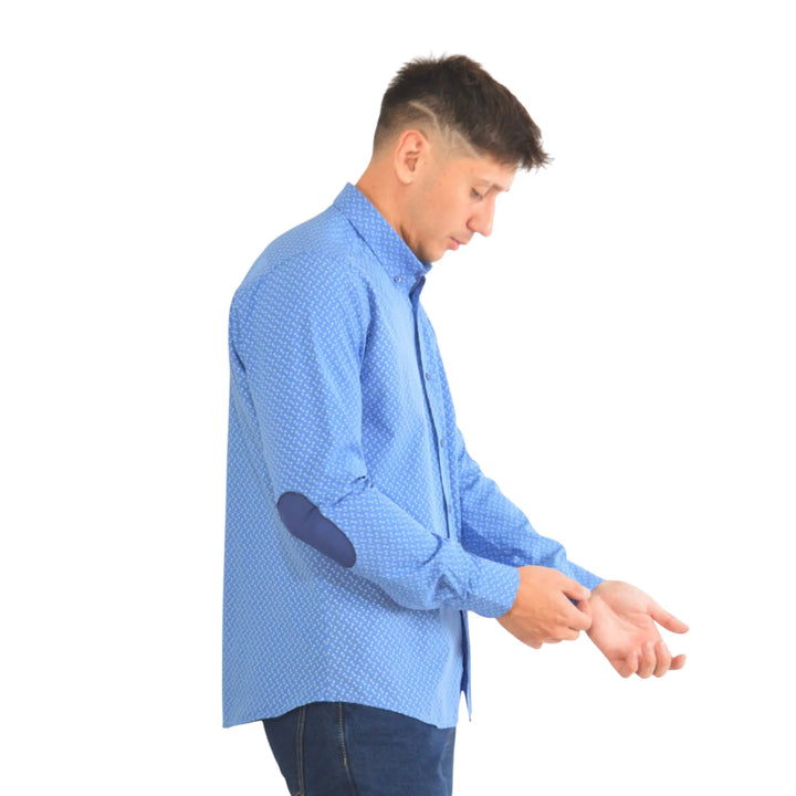 Parte trasera camisa Pakal azul de algodón para hombre con coderas y corte slim fit – EE Exclusive.