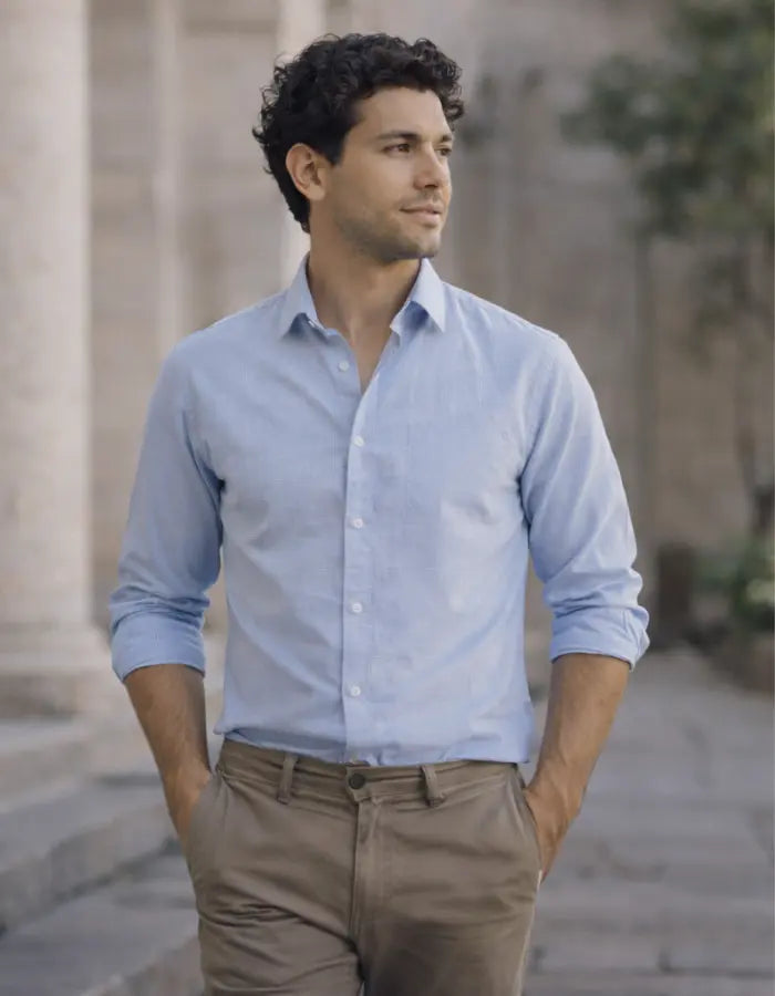 camisa azul clara hombre estilo elegante urbano look diario primavera verano ee exclusive