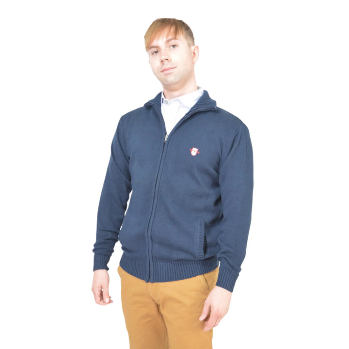Cardigan azul marino para hombre con cremallera y cuello alto, vista frontal