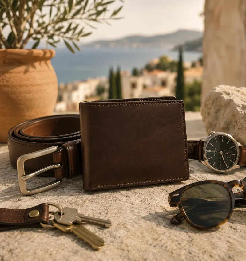 Cartera de cuero marrón con logo EE junto a cinturón, reloj y gafas en ambiente mediterráneo