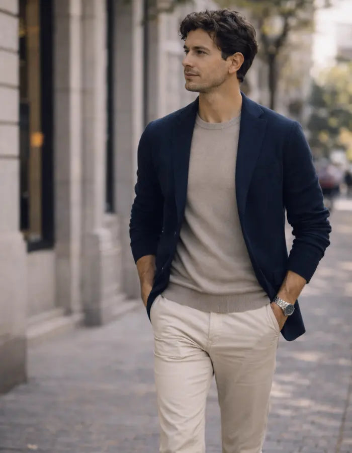 Hombre estilo elegante urbano con blazer azul y pantalón beige outfit masculino moderno
