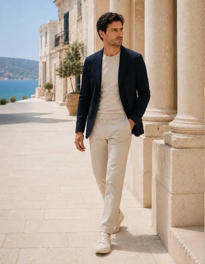 Hombre estilo elegante urbano con blazer azul y pantalón beige outfit masculino moderno