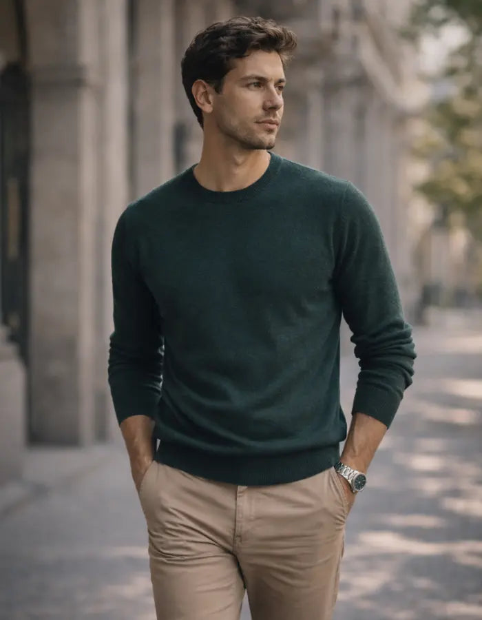 Hombre con jersey verde elegante combinado con pantalón beige en look urbano sofisticado para hombre