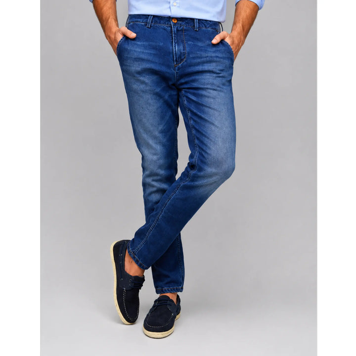 Pantalón vaquero azul para hombre EE Exclusive vista frontal cruzada