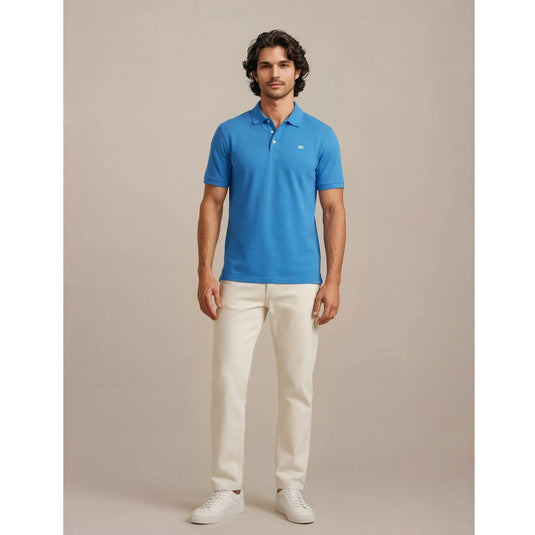 polo azul hombre algodón look completo elegante casual con pantalón claro