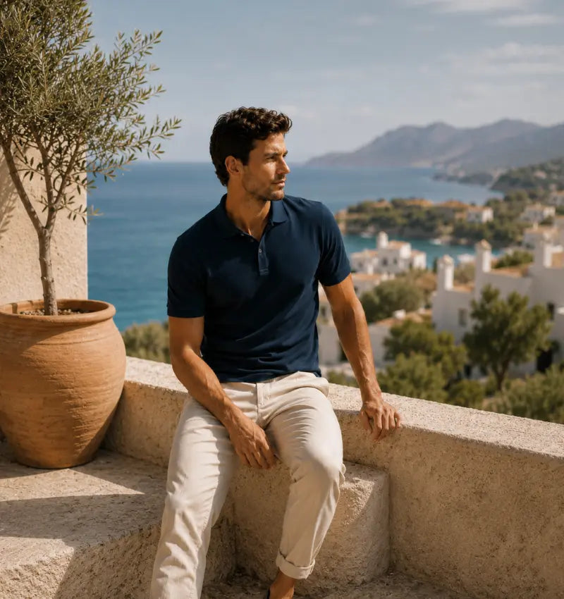 Hombre con polo azul marino y pantalón claro sentado en una terraza mediterránea junto al mar